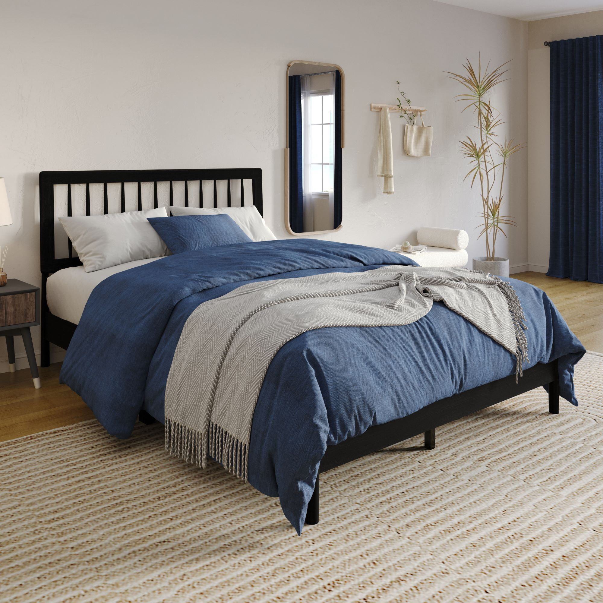 Home Design Galena Full Wood Platform Bed Frame with Vertical Spindle Headboard, Black, Easy Assembly