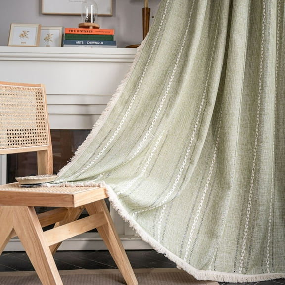 Boho White Embroidery Stripes Window Curtains Panel Vintage Farmhous Cotton Linen Curtains with Tassels Rod Pocket Window Drapes for Living Bedroom,1 Panel, 52"x71"