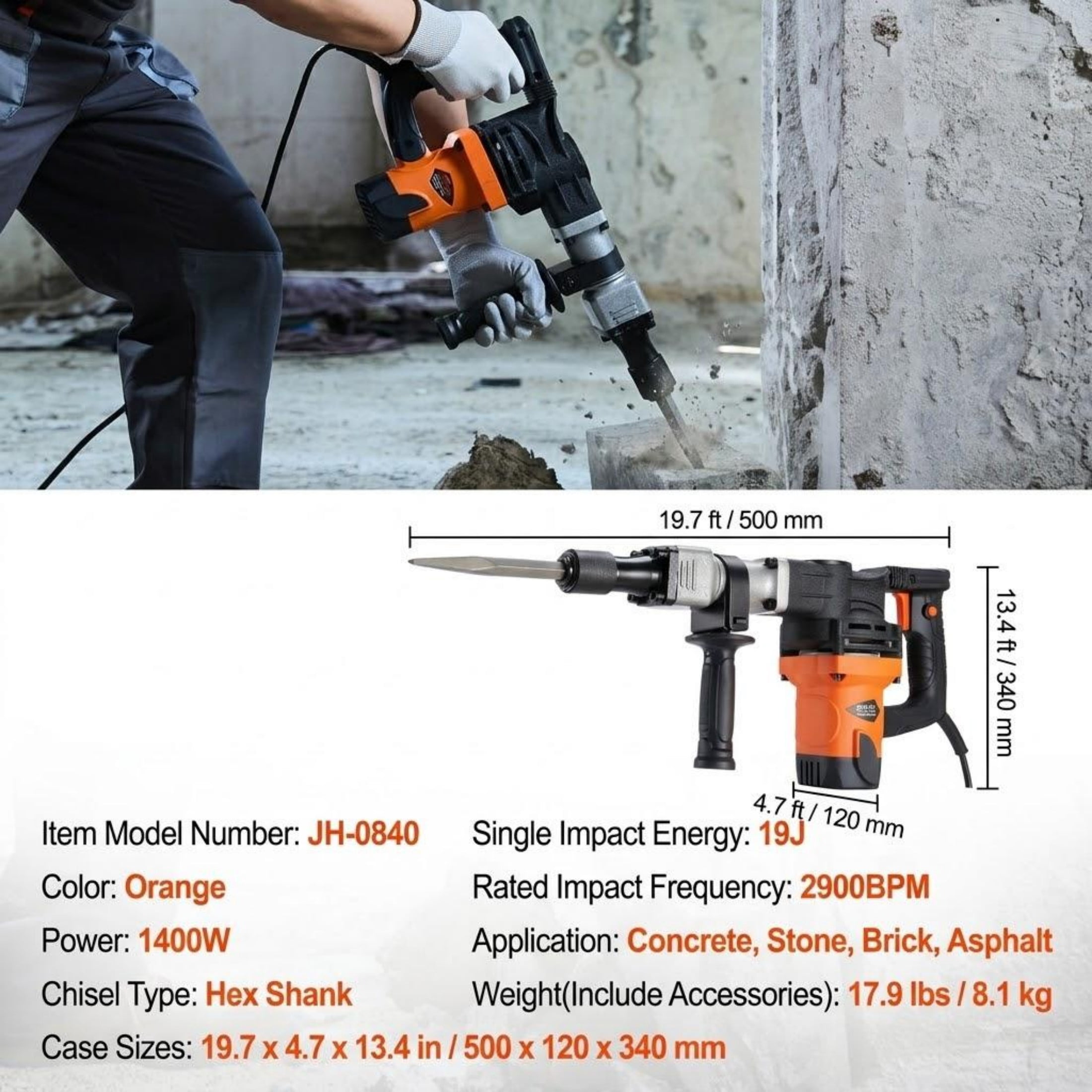 1400W Electric Demolition Jack Hammer, Heavy Duty Concrete Breaker with 2900 BPM, 2 Chisels, Gloves & Carrying Case