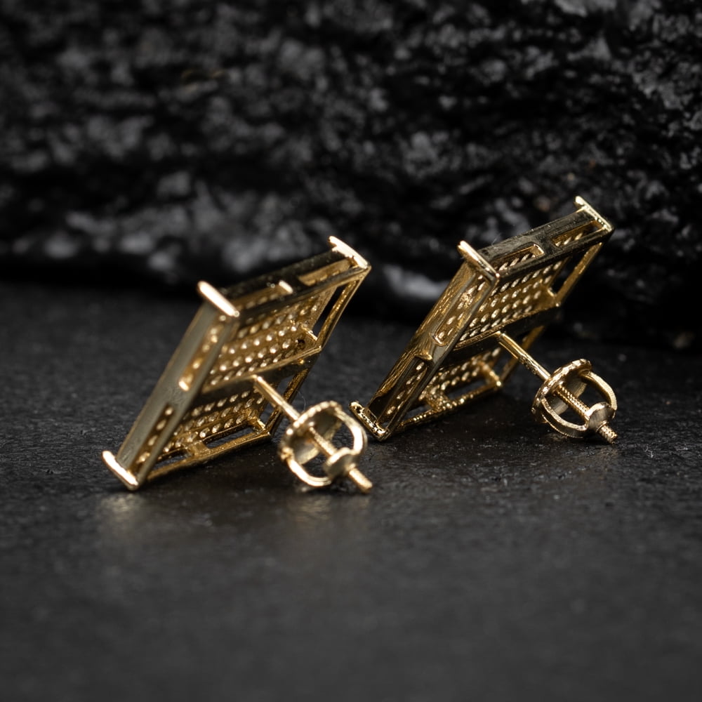 Men's Large Square Flat Screen Hip Hop Big Yellow Gold 925 Sterling Silver Screw Back Stud Earrings