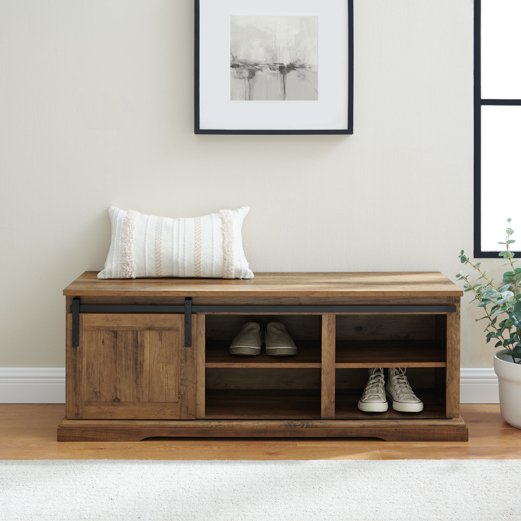 Woven Paths Dorset Grooved Sliding Barn Door Storage Bench, Reclaimed Barnwood