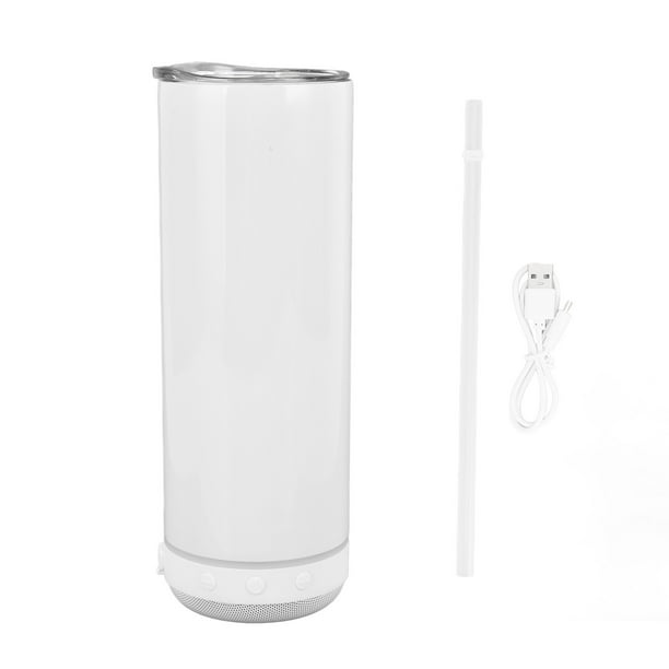 Vaso portátil para música de 20 oz/600 ml, con altavoz Bluetooth desmontable, taza con aislamiento al vacío para hombres y mujeres, fondo blanco