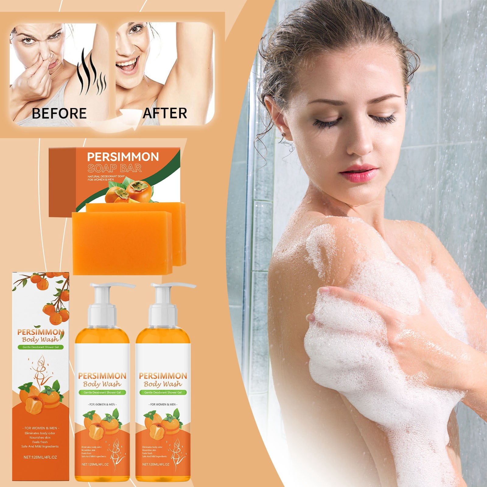 SZBAOAN Persimmon Soap Bar and Body Wash Set,Natural Deodorant for Old People Smell & Smelly Feet,Remove Body Odor,Nourishes Skins,Natural Persimmon Body Shower for Women & Men