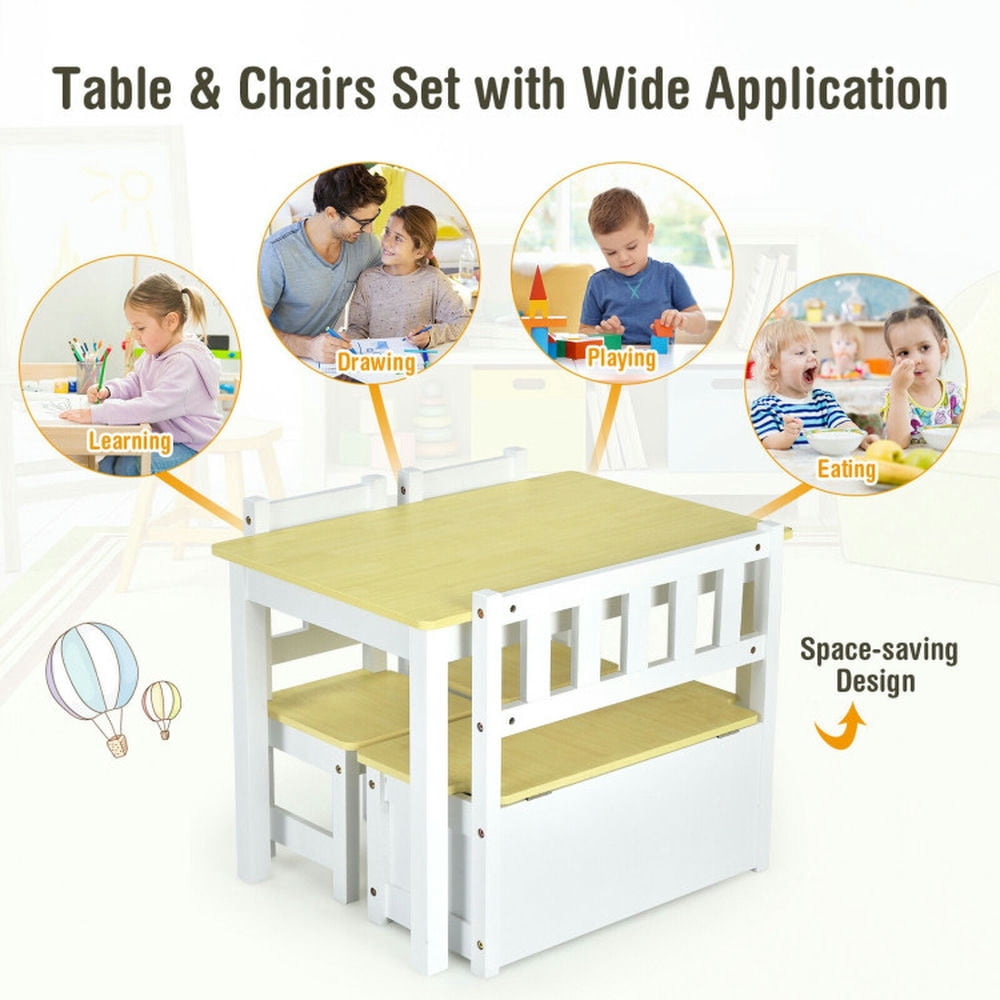 Barara King Toddler Table Chairs Set,Kids Play Table Set,4 Pieces Kids Wooden Activity Table and Chairs Set with Storage Bench and Study Desk-Natural