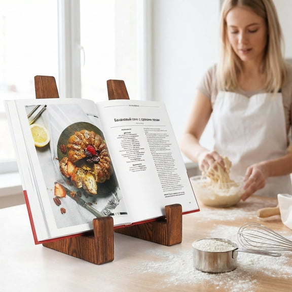 Cookbook Stand for Kitchen - 8.8 inch Wooden Cookbook Holder for Kitchen Counter Decor, Multifunctional Recipe Book Stand, Rustic Brown Recipe Book Holder Stand