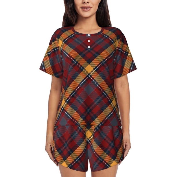 Balery Buffalo Check Plaid Conjunto de Pijama para Mujer con Estampado, Dos Piezas de Manga Corta y Shorts, Ropa de Dormir Suave con Cuello Redondo y Bolsillos-Large