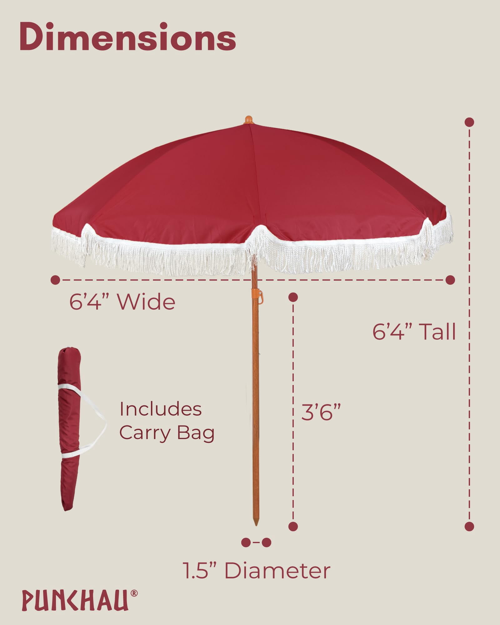 Punchau 6 Ft Fringe Patio Umbrella - Outdoor Umbrella for Patio, Pool, Table, Garden, Deck, & Beach - Push Button Tilt Pole - Fashionable Boho Vintage Tassels & Wood Print - Wine Red