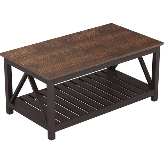 ELUREVIA Farmhouse Coffee Table, Rustic Vintage Living Room Table with Shelf, 40 Espresso
