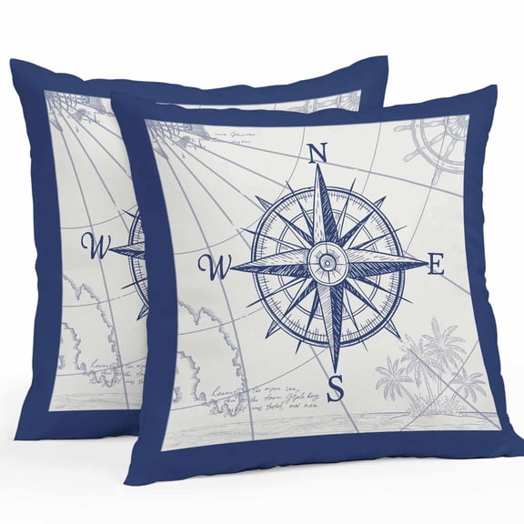 Throw Pillow Covers 16x16 Inch Set of 2, Blue Compass Nautical Waterproof Outdoor Pillow Covers, Coastal Abstract Art Retro Decorative Cushion Pillowcases for Couch, Sofa, Bed, Garden, Patio