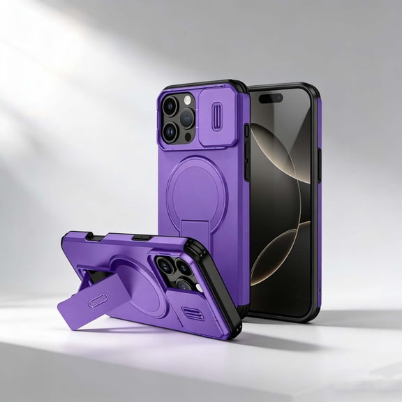 For iPhone 15 Pro Max Phone Case,Compatible With Mag-Safe,With Contractile Kickstand,Camera Cover,Heavy Duty Shokcproof Anti-fall Drop Protection,Non-slip Rugged Phone Case Cover,Purple