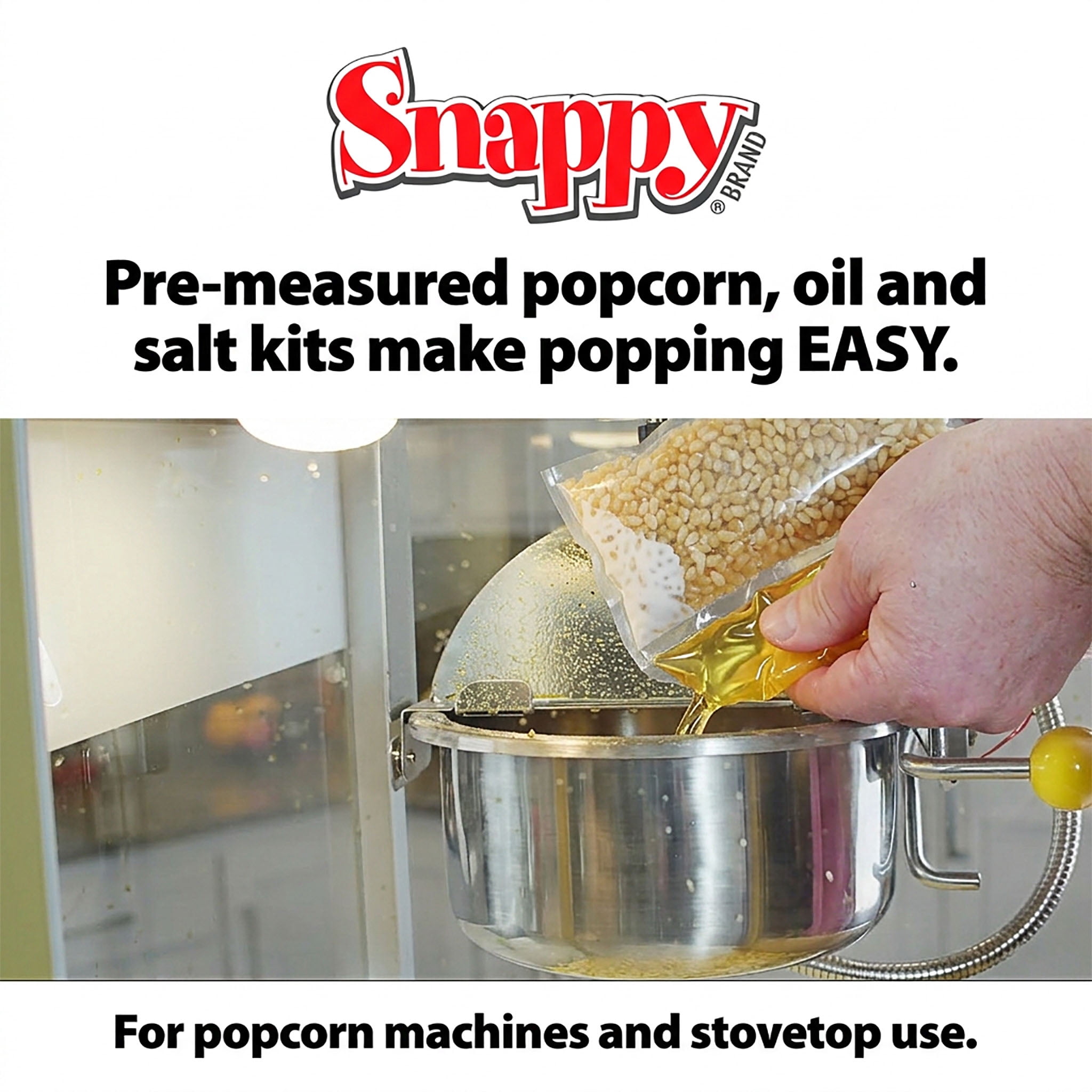 Snappy Snap-Paks All in One White Popcorn Portion Packets for 8 oz Popping Machine, Kernels, Oil, and Salt, 24 Count