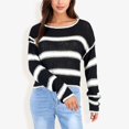 thumbnail image 2 of Women's Long Sleeve Striped Sweater With Crew Neck, Cropped Fit- Small, Black, 2 of 6