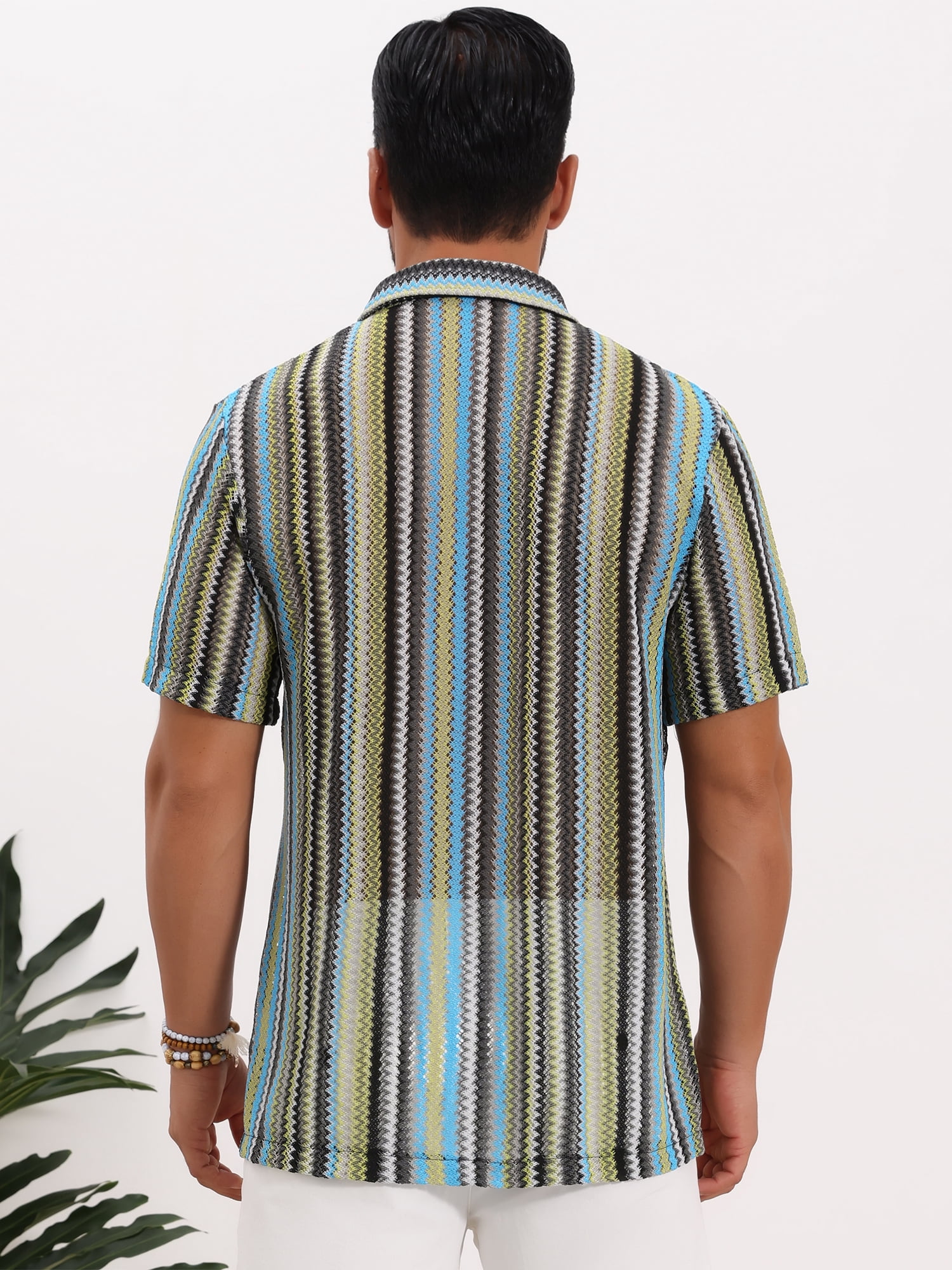 DARING DIVA Men's Striped Short Sleeve Button Down See Through Shirts XL Blue Green