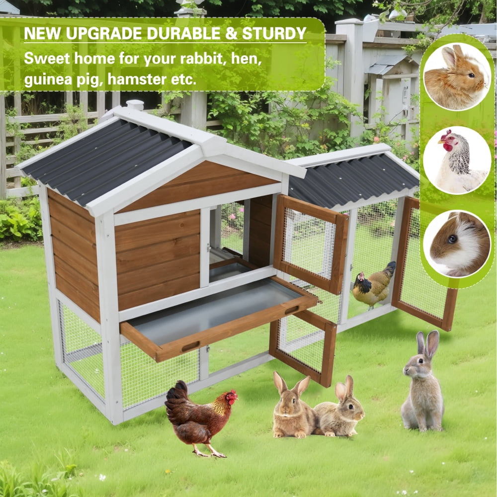 58" Wooden Outdoor Indoor Roof Waterproof Bunny Hutch Rabbit Cage Guinea Pig Coop PET House for Small to Medium Animals with Stairs and Cleaning Tray