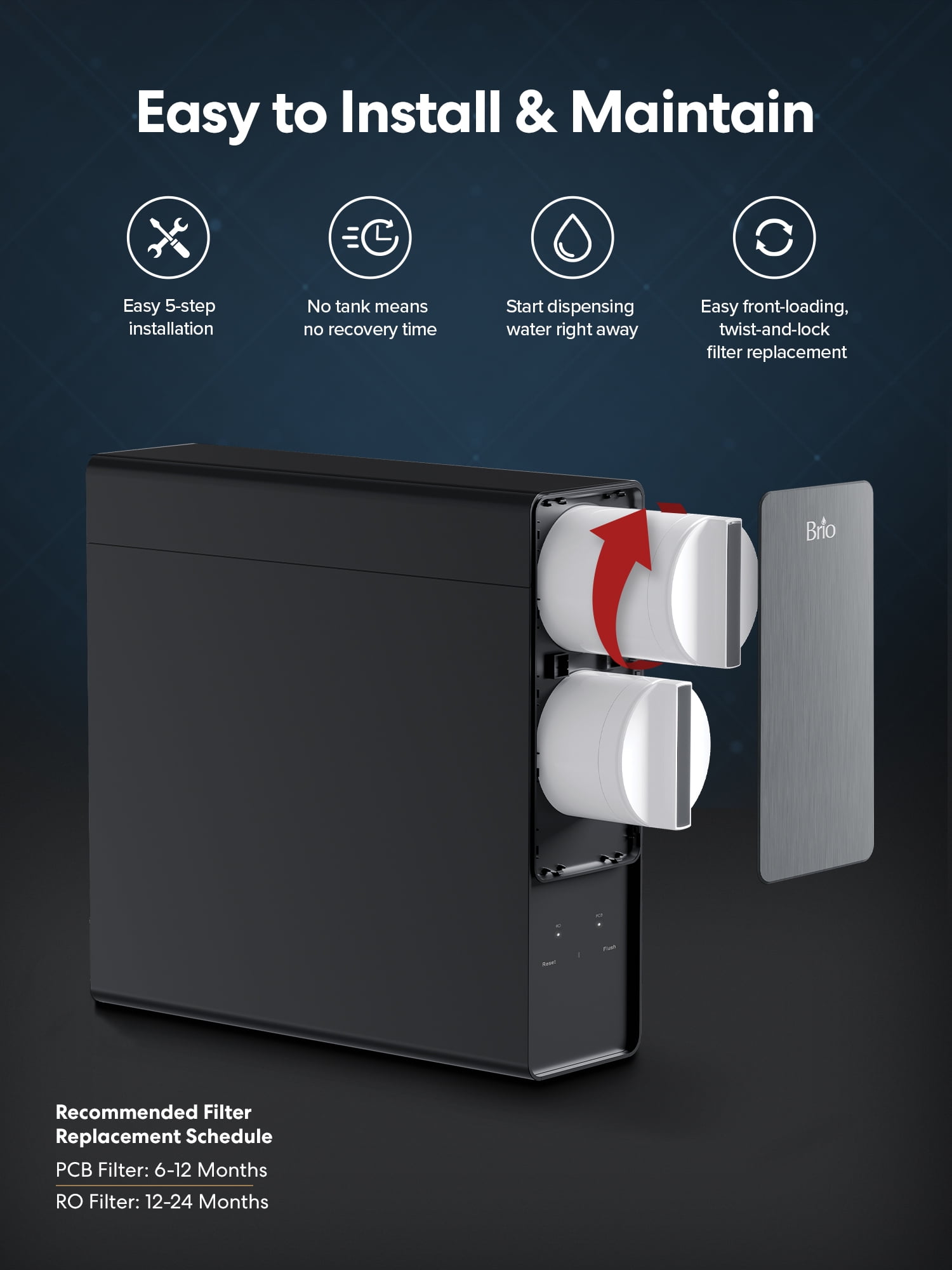 Brio Aquus Reverse Osmosis Tank Less Water Filtration System with Smart Faucet, 800 Gallons Per Day, 2:1 Pure to Drain