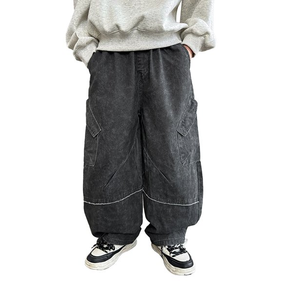 QHFBli Boys Cargo Jeans Kids High Waisted Baggy Pants Casual Demin Pants with Multi Pockets