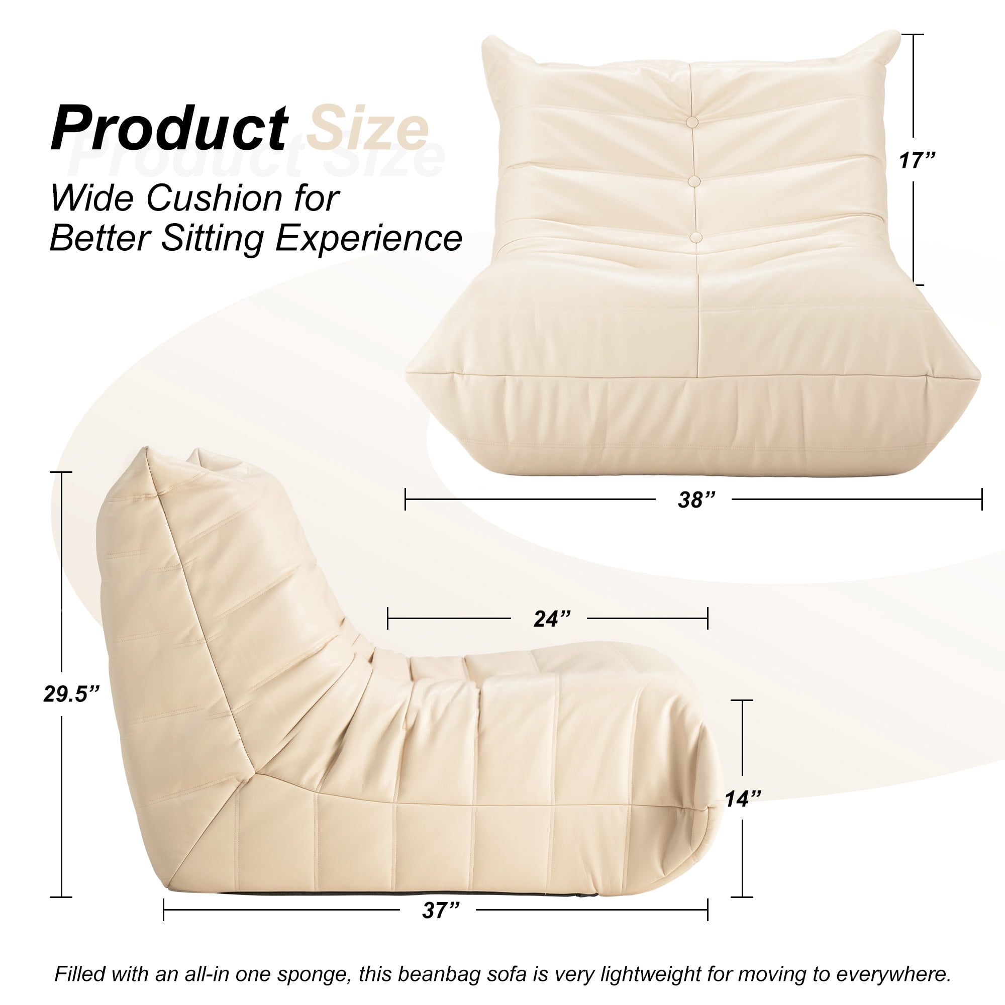 Hobestluk Giant Bean Bag Sofa Memory Foam Beanbag Chairs for Adults, Bean Bag Couches Faux Leather for Living Room Bedroom Dorm Office (Beige)