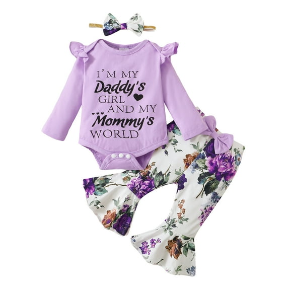 Newborn Baby Girls Clothes Baby Girls Outfits 3-6 Months Baby Girls Long Sleeve Letter Print Romper Top Floral Pants Headband 3PCS Set Purple