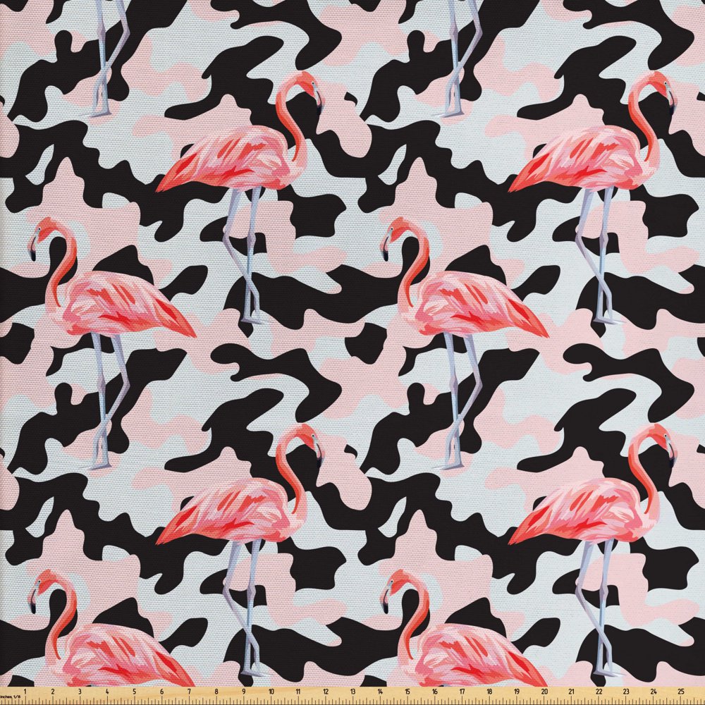 Camo Fabric by The Yard, Watercolor Pink Flamingo Print Camouflage
