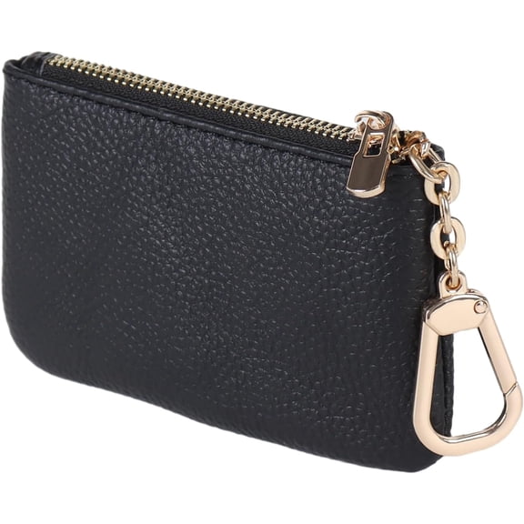 Full Grain Leather Coin Purse With Key Chain - Small Change Purse Card Holder Keychain Pouch Wallet for Women and Men (Black)