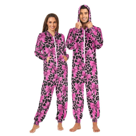 Adult Christmas Onesie Bow and Leopard Print Adult Zipper One-Piece Pajamas Unisex Pajamas with Pockets
