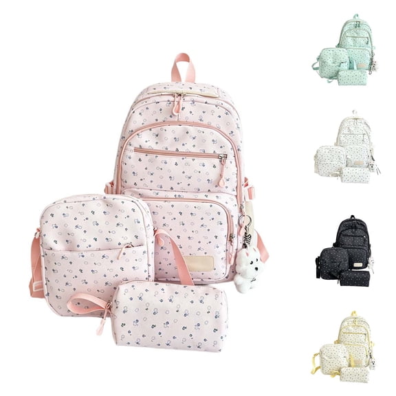 Women's Vintage Polka Dot Backpack Set 3 Piece, 15.6 Inch Laptop Daypack with Lunch Bag & Pencil Case, Water Resistant Large Capacity Travel Bookbag for College Students Teachers Commute Gift Pink