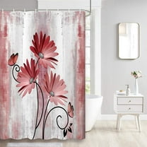 Rustic Farmhouse Shower Curtain, Farm Red Daisy Floral Flowers and Butterfly on Country Wooden Shower Curtain for Bathroom, Light Burgundy Gray Grey Shower Curtain with 7PCS Hooks, 36X70IN