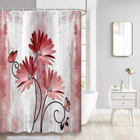 Rustic Farmhouse Shower Curtain, Farm Red Daisy Floral Flowers and Butterfly on Country Wooden Shower Curtain for Bathroom, Light Burgundy Gray Grey Shower Curtain with 7PCS Hooks, 36X70IN