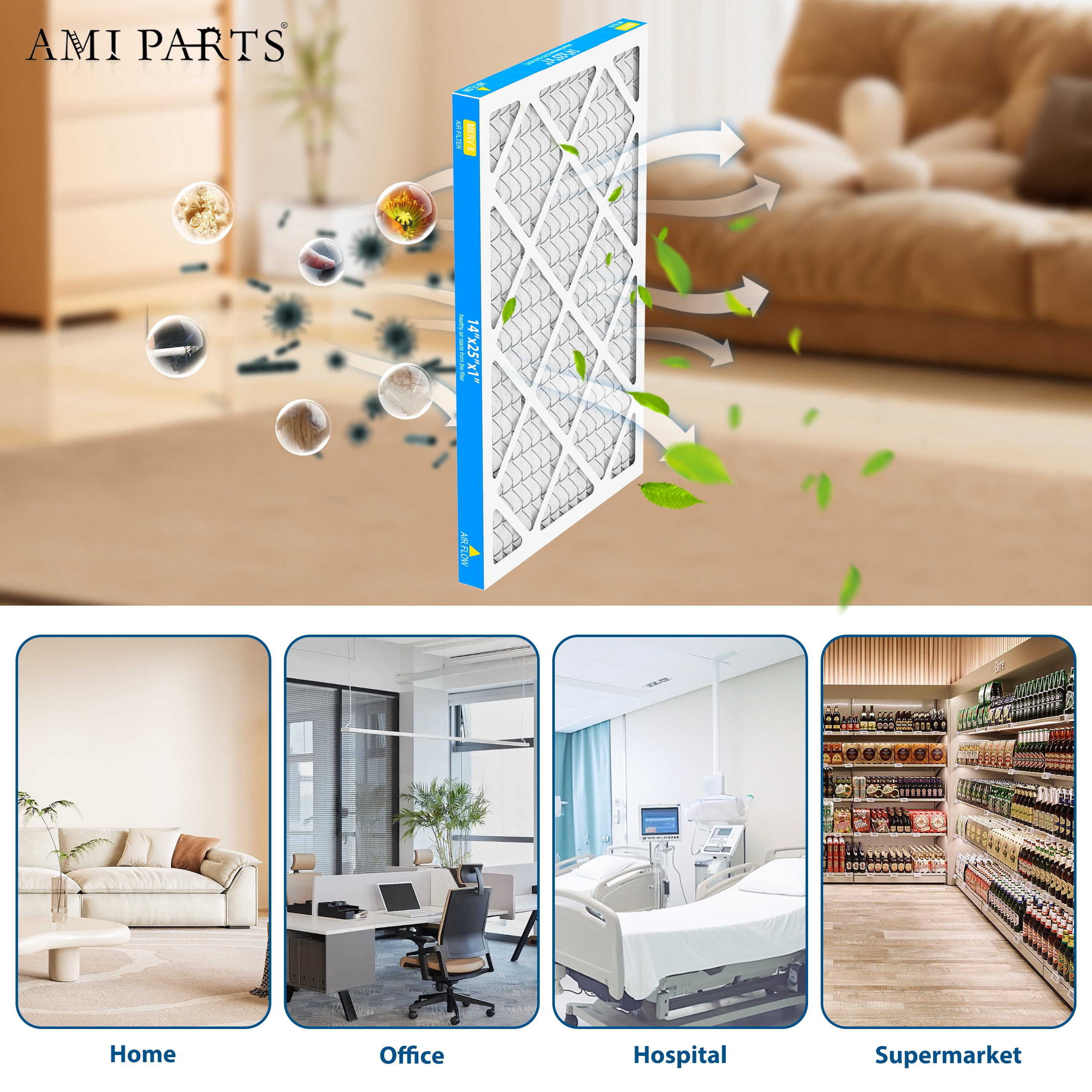 AMI PARTS 14x25x1 MERV 8 Pleated Filter,HVAC Furnace Air Filter Removes Pollen and Dust