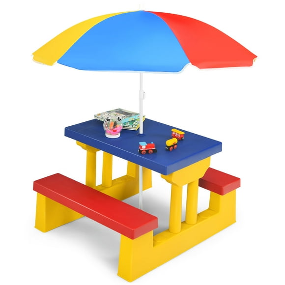 Topbuy Kids Picnic Table Set Indoor Outdoor Toddler Table with Bench & Removable Umbrella Portable Children Play Set