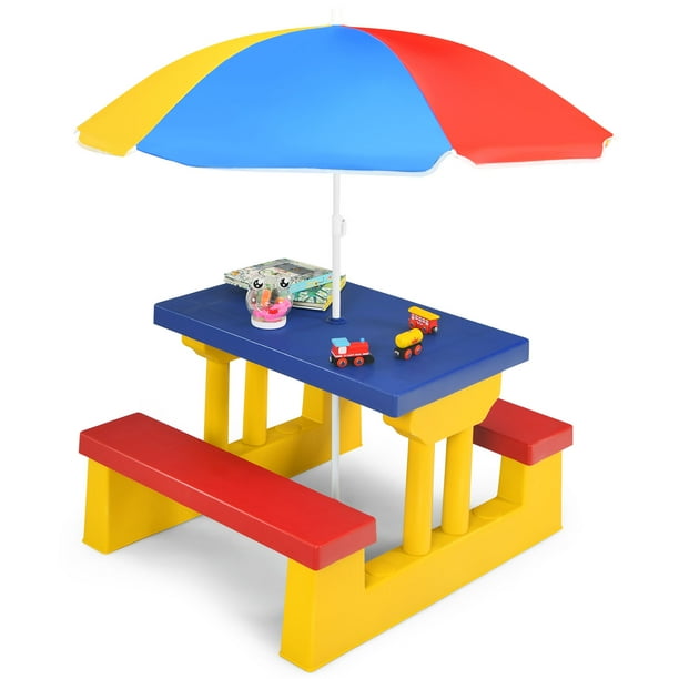 Topbuy Kids Picnic Table Set Indoor Outdoor Toddler Table with Bench Removable Umbrella Portable Children Play Set
