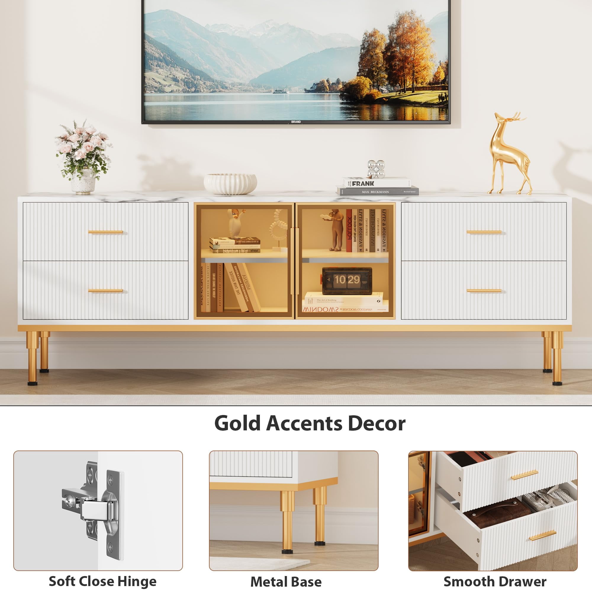 Kojooin Contemporary 65 Inch TV Stand Featuring LED Lights, Spacious Drawers, and Marble-Like Tabletop: Perfect Entertainment Center for Large TVs
