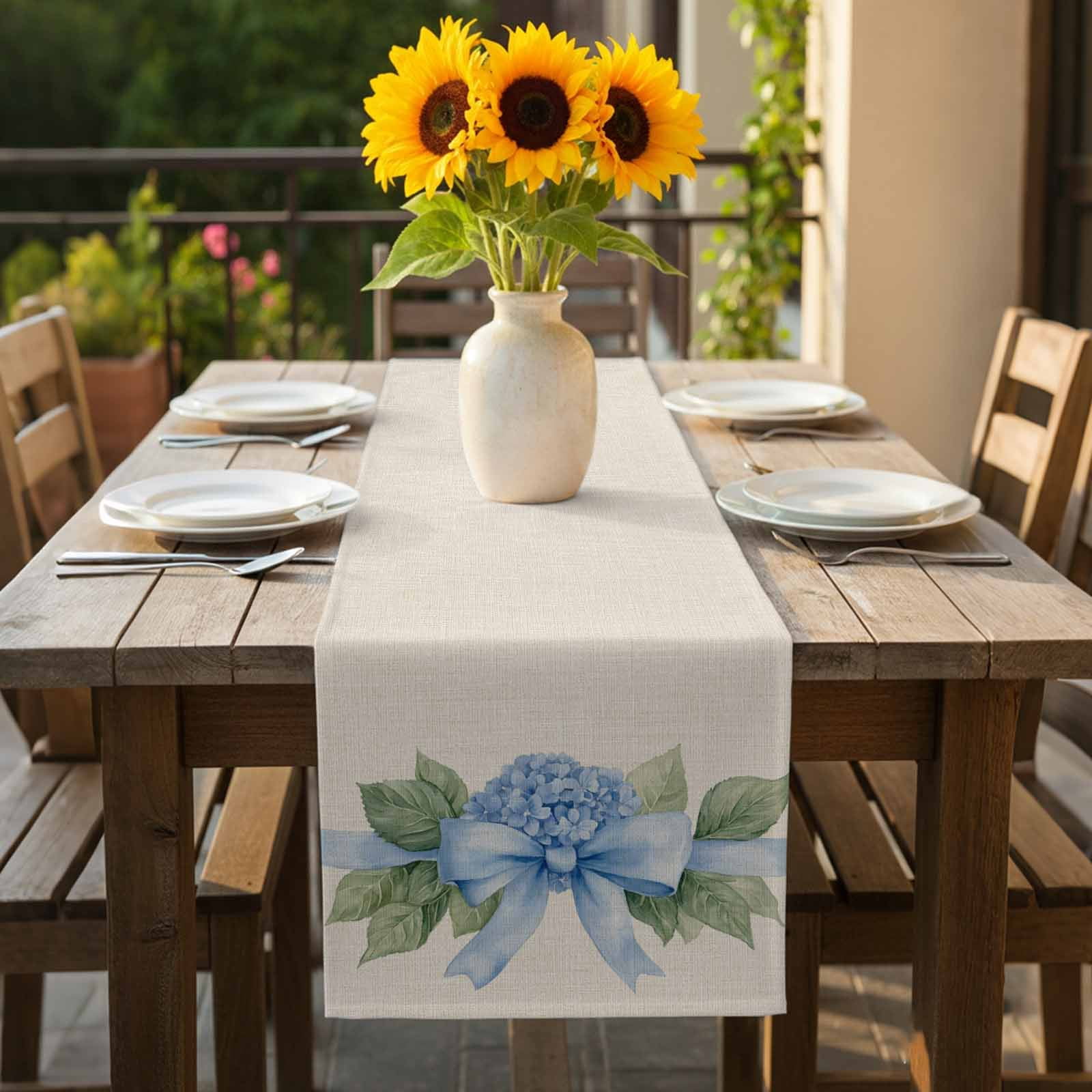 Blue Bow Hydrangea Cotton Linen Table Runner Spring Flower Green Leaf Watercolor Linen Texture Dining Table Runners for Home Decor Party Dining Room Restaurant Kitchen 13" x 108"