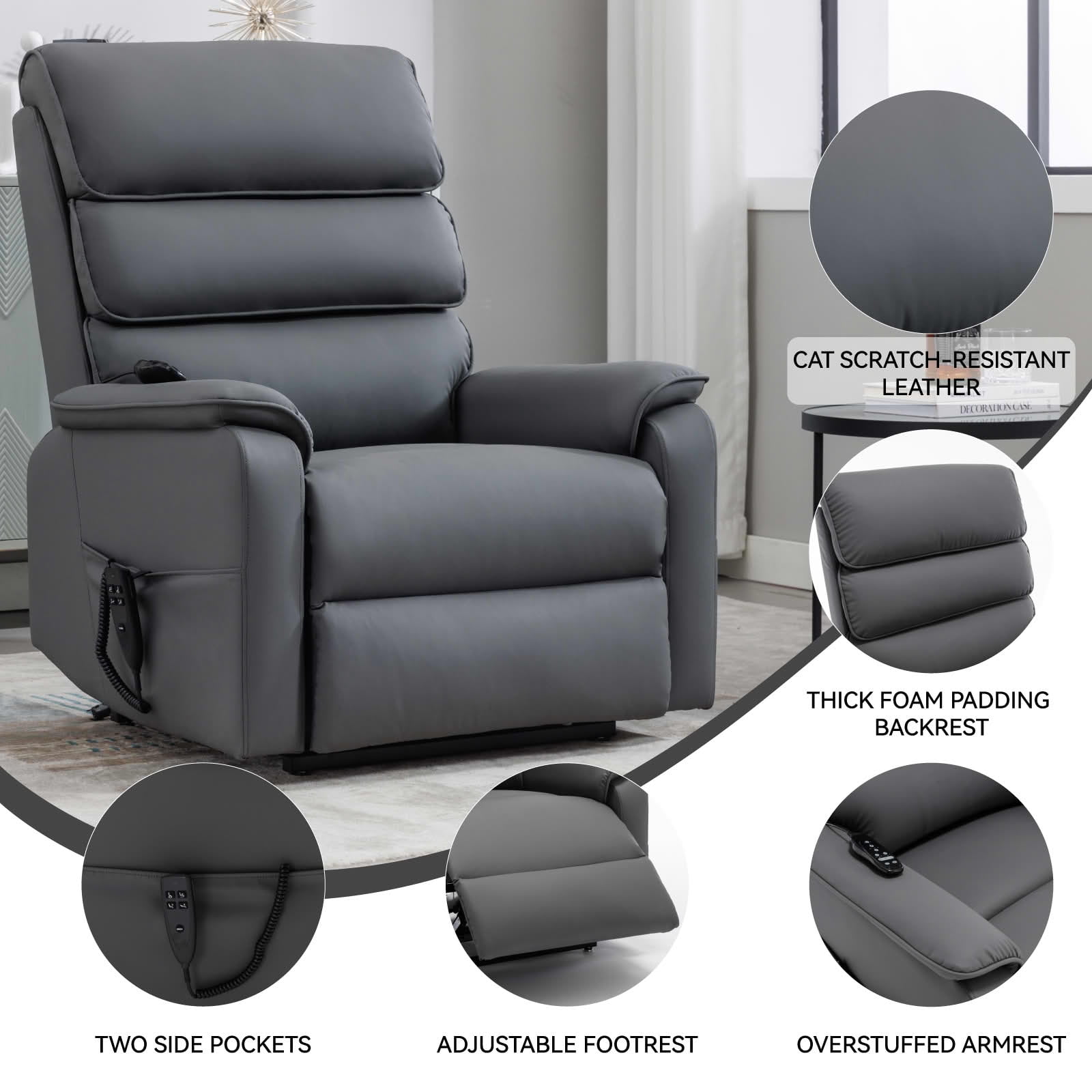 MAYEERTY Grey Cat-Proof Leather Dual Motor Power Lift Recliner, 350lbs Infinite Position Massage Heat 37"x37"x45"