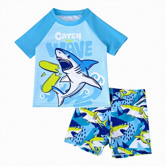 Gubotare Toddler Boy Rashguard Swimsuit Toddler Baby Boys Rash Guard Set for Kids Boys Swim Set with Swim Trunks Short Sleeve Bathing Suits 3T 4T (Blue,3-4 Years)