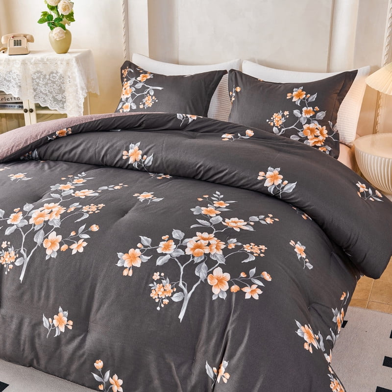 Koniroom 3Pcs Dark Grey Floral Comforter Set Queen Size – Reversible Blossom Bedding with Orange Flower Blooms, Modern Glam