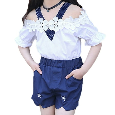 

Girl Summer Clothes Set Baby Girl Lace Shirt + Shorts Summer Teenage Kids Off Shoulder Short Sleeve Top