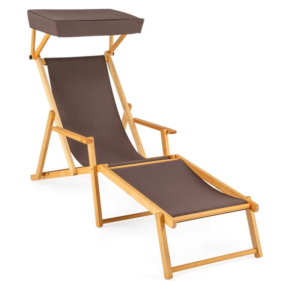 Biotree Birch Wood Chaise Lounge Beach Chair with Adjustable Canopy and 4-Position Reclining Backrest for Patio Backyard and Poolside, Brown