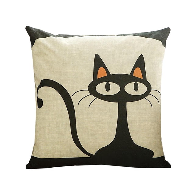 cojín de dibujos animados sunnimix funda de almohada gato decoración de colchón Funda cuadrada 45cm x 45cm con gran gato de caricatura negro impreso sobre fondo crudo, mezcla de algodón visible, cremallera invisible en el borde inferior y reverso liso crudo; multicolor, ideal para sofá, cama u oficina.