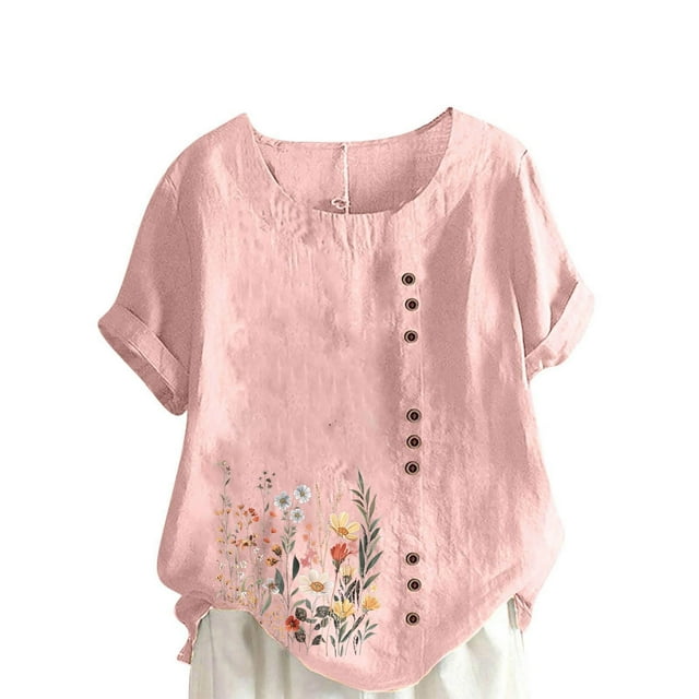 Liquidation d'Économies! BEFOKA Hauts pour Femmes Grande Taille en Liquidation, Blouse T-shirt d'Été Décontractée pour Femmes, T-shirt Blouse Décontracté pour Femmes en Lin à Col Rond Imprimé à Manches Courtes avec Boutons