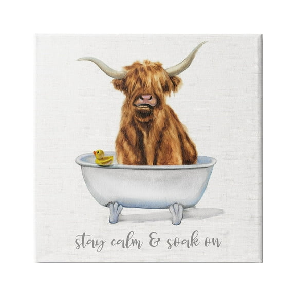 Industries Highland Cattle Bathtub Stay Calm Soak On Phrase 36 in x 36 in Painting Canvas Art Print, by Stupell Home Décor