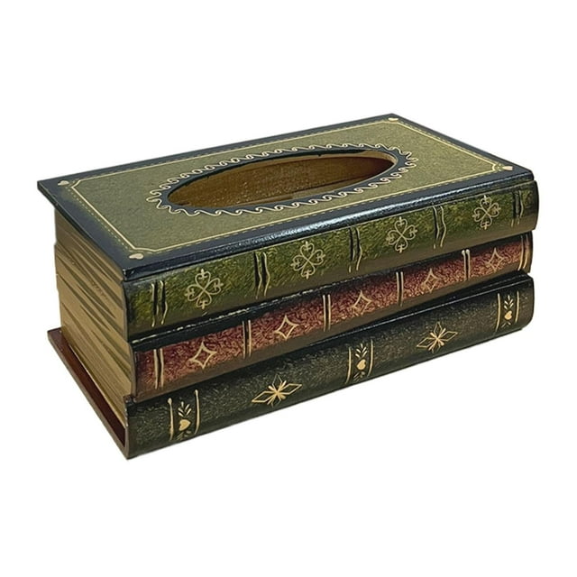 BINGLI Crafted Classical Retro Wooden Antique Book Tissue Box Cover Rectangular Tissue Holder Dispenser Paper Cover Case Napkin Holder Home Decor for Bathroom Living Room Office car Kitchen Green-A