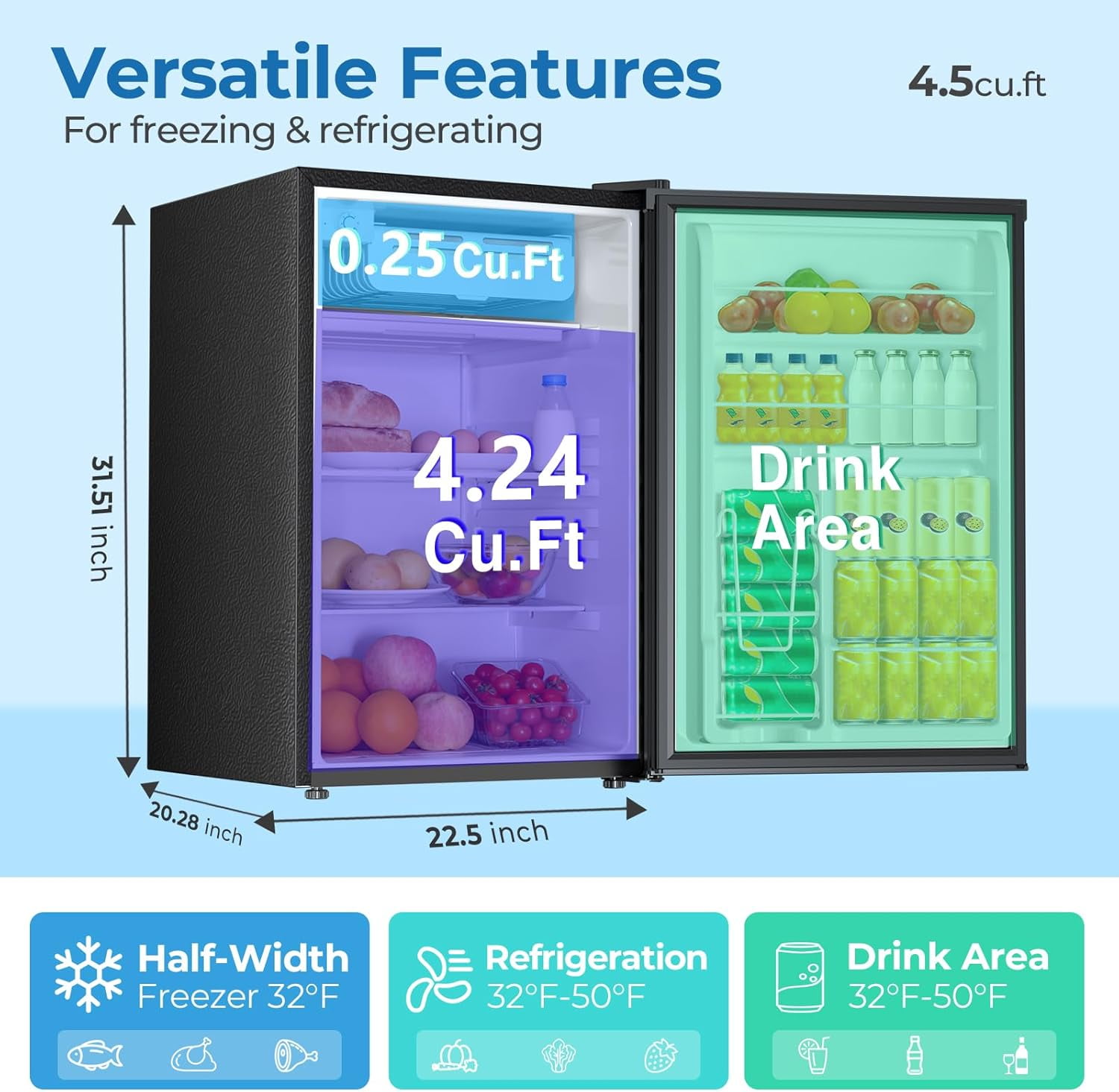 WAA 4.5 Cu.Ft Mini Fridge with Freezer Reversible Door,Adjustable Thermostat for Small Spaces (Black)