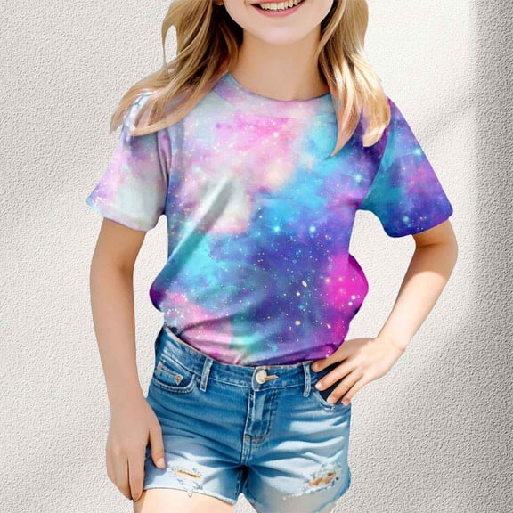 Girls T Shirts Kids 3D Star Glitter Tee Short Sleeve Crewneck Top Girls Tops Light Purple 8-9 Years