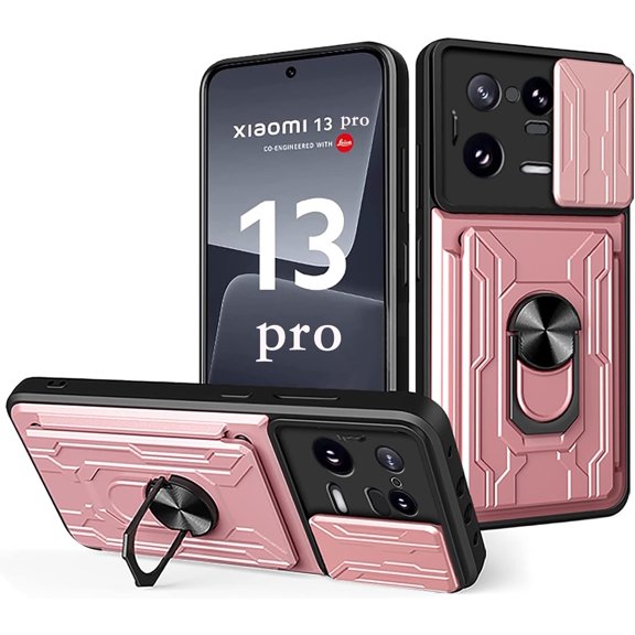 for Xiaomi 13 Pro Case with Slide Camera Cover, Heavy Duty Protective with Ring Kickstand & Card Holder Cell Phone Case for Xiaomi 13 Pro LJK Rose Gold