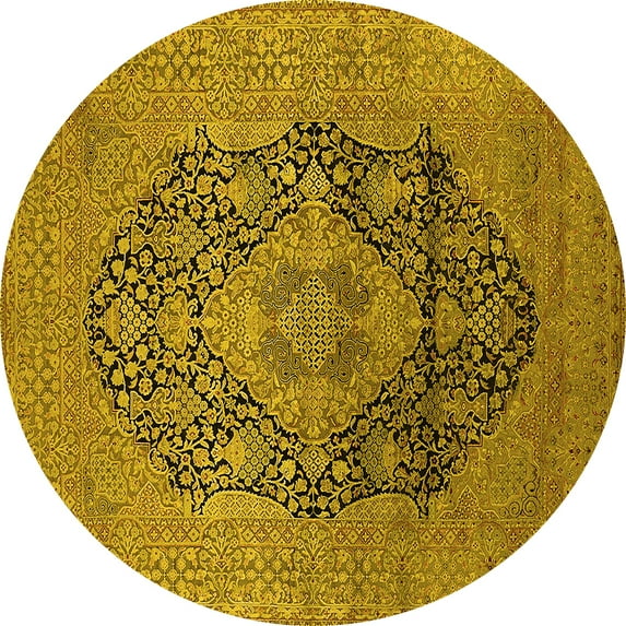 Ahgly Company Machine Washable Indoor Round Oriental Yellow Industrial Area Rugs, 3' Round