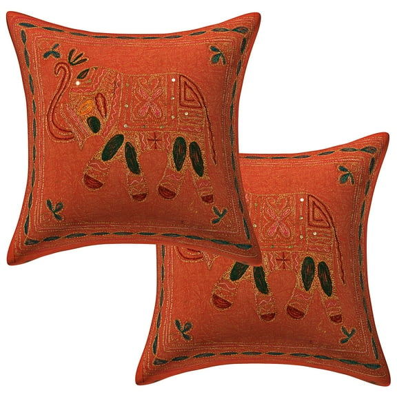 Stylo Culture Ethnic Couch Throw Pillow Covers 16x16 Elephant Gold Thread Embroidered Orange Indian 40cm x 40cm Home Decor Cotton Square Cushion Covers | Set Of 2