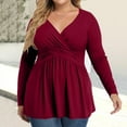 thumbnail image 2 of Plus Size V Neck Long Sleeve Tops for Women Solid Color Casual Pleated T-shirt Spring Autumn Lightweight Blouse,Female Plus Size Slim Fit Pullover Tops,L-5XL, 2 of 5