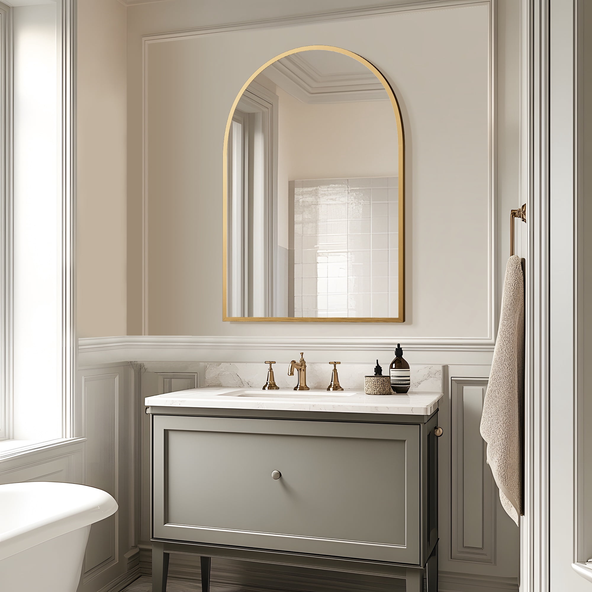 MAYEERTY 2-Set 36×24in Modern Arched Aluminum Alloy Golden Framed Hanging Mirror, Wall-Mounted for Vanity & Sink