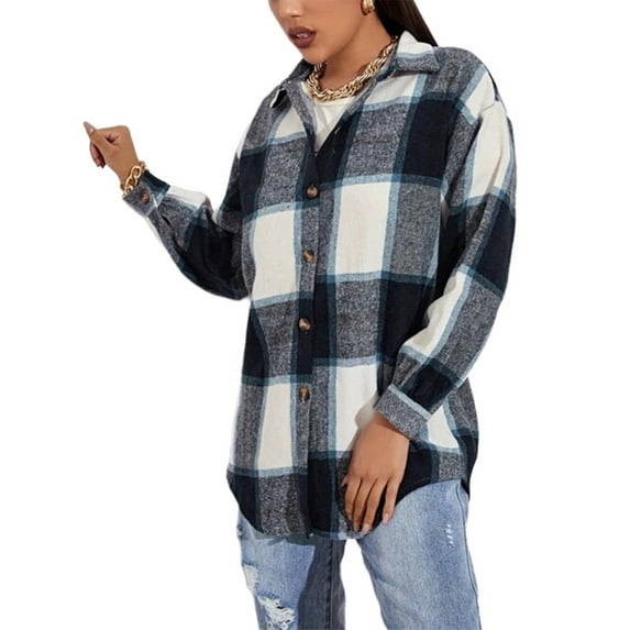 Womens Loose Fit Plaid Flannel Shirts Casual Long Sleeve Button Down Jacket Outerwear Vintage Grid Coat Tops